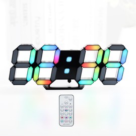 KOSUMOSU Multicolor Digital Clock, 7 Colors LED Clock, Adjustable Brightness RGB Wall Clock, 9.7 Inch with Remote Control, Time Display (12/24 Hour)/Date/Temperature (℃/℉), Alarm Function