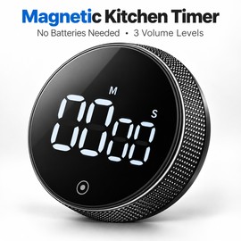 Magnetic Mechanical Kitchen Timer – Battery-Free Rotary Countdown Timer with 3-Level Adjustable Alarm for Cooking, Shower & Study, Black