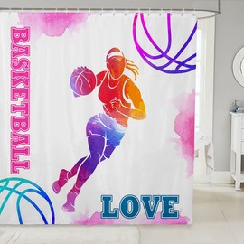 Basketball Lovers Kids Shower Curtains,Modern Sports Games Competition Bathroom Curtains for Girls Boys Adults,Hand Painted Fashion Pink Purple Waterproof Curtains,12 Hooks Suits,72" W x 72" L