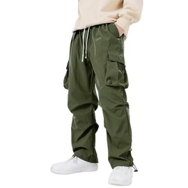 WZIKAI Men's Parachute Cargo Pants Trendy Casual Parachute Pant Baggy Drawstring Hip Hop Harem Pants with Pockets Green M