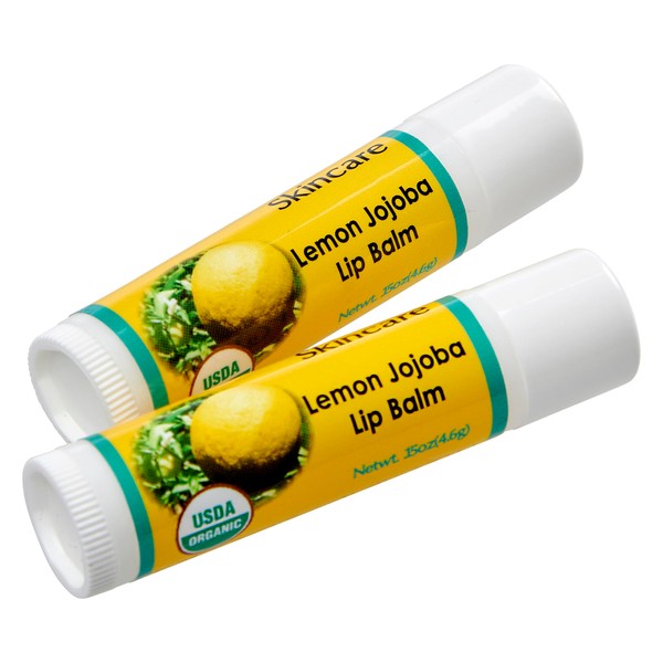 2 Pack Organic Lemon Lip Balms with over 70% Jojoba Oil. 100% Natural with Beeswax. Naturally Moisturizing. By Desert Oasis Skincare (.15 oz/4.6 gm)