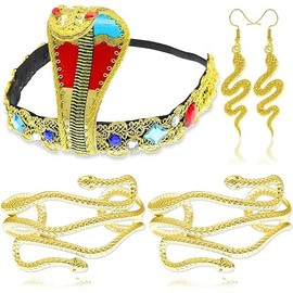 songyea Pack of 5 Egyptian Costume Accessories, Egyptian Headdress for Carnival with Metal Snake Arm Cuffs, Snake Earrings, Jewellery for Women, Vintage Fancy Dress Party Decoration