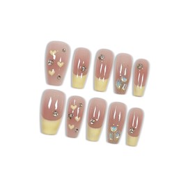 Hantyer Ballet Press On Nails Medium Coffin 10PCS with Tools Kit,Handmade French Blush Pink Nails with Milky Tip, Heart Design & Glitter Gradient Fake Nails,Cute Korean Style False Nails(Size M)