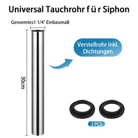 Cieex Universal Immersion Pipe for Siphon 300 mm, Extension Pipe Drain, Pipe Siphon Chrome, 1 1/4 Inch x 32 mm - Chrome