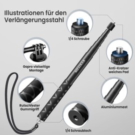 VYVIYON 114 cm Invisible Selfie Stick, 1/4 Inch Extended Monopod Pole with Adapter Mount Compatible with Insta360 Sports Camera, Action Camera (Wrist Strap Included)