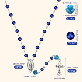 Yinkin 610 Pcs Rosary Pearl Beads Carved Rose Cross Centerpiece Crucifix Medal, Rosary Making Supplies Silver Jesus Maria Pendant for Bracelet Necklace Jewelry(Blue)
