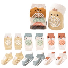 Feidoog Baby Crawling Anti-Slip Elastic 3 Pairs Knee Pads and 3 Pairs Socks Set,Toddler Knee Protector for Baby Kids Kneepads,Light Yellow+Blue+Orange,S 0-1 Year