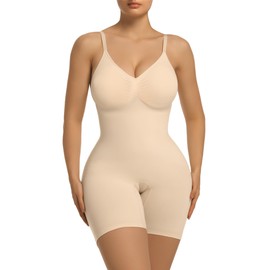 SHAPERX Women's Bra Free Bodysuits Tummy Control Shapewear Mid Thigh Body Shaper with Removable Pads,SZ5468-Beige-L/XL-Plus