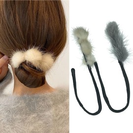 2PCS Hair Bun Maker French Donut Hairstyle Twist Bun Maker with Pompon Decoration Vintage Ponytail Maker Bun Shaper Hair Modelling Tool Cute Hair Accessories For Women Girls(gray+beige）