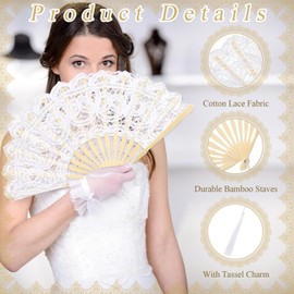 Beeveer 12 Pcs Cotton Lace Folding Handheld Fan Embroidered Bridal Hand Fan with Bamboo Staves and Silk Tassels Vintage Retro for Women Wedding Party Favor Costume Dancing Party (White)