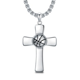 Lattd Basketball Cross Necklace for Men Boy 925 Sterling Silver Basketball Pendant Jewelry Gift