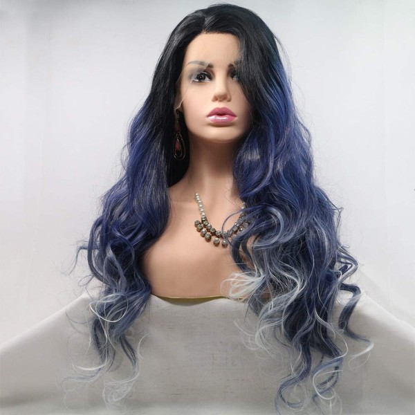 Xiweiya Heat Resistant Synthetic Fibre Hair Mermaid Dark Root Blend Black Blue to Blue Body Wave Synthetic Lace Front Wig for Women
