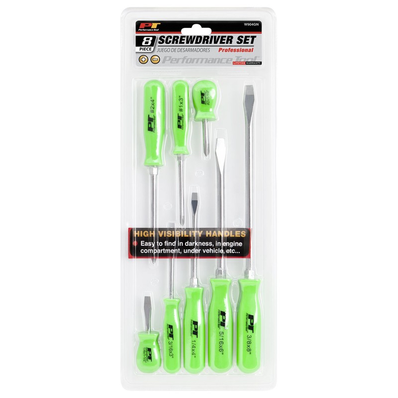 Performance Tool W904GN High Visible Screwdriver Set, 8-Piece, Green