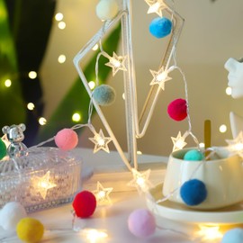 Indoor String Lights 6.56 Feet Pom Poms Star Lights 20 LED Battery Operated String Fairy Lights Warm White Star Lights Colorful Decor Lights for Home Bedroom Kids Playhouse Holiday Christmas