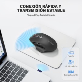TERPORT F40 Mouse Inalámbrico 2.4GHz, Ratón Ergonómico de 4800 DPI 6 Botones, Mouse Oficina con 5 Niveles de DPI Ajustable, Portátil Ratón Muy Bajo Consumo de Energía, Compatible con Windows y Mac