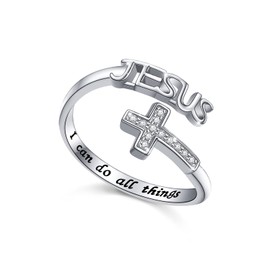 Jesus Cross Ring 925 Sterling Silver Engraved I Can Do All Things Jesus Cross Adjustable Ring Religious Easter Birthday Gift for Women Girls Christian(P-1/2)