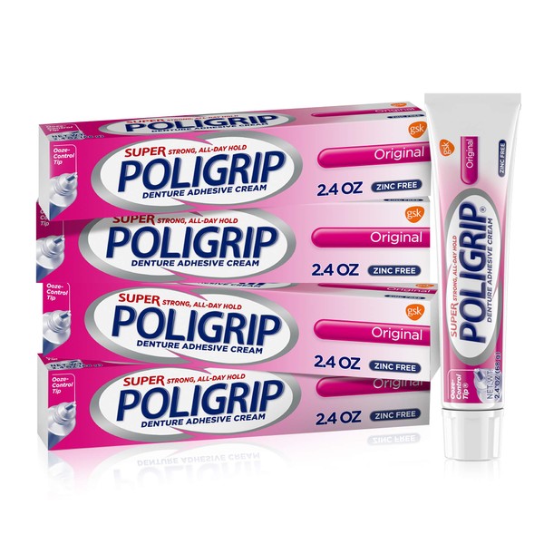Super Poli-Grip Original Denture Adhesive Cream, Zinc Free Denture Cream for Dentures - 2.4 Ounces (Pack of 4)