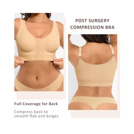 FeelinGirl Post Surgery Compression Bra Front Closure Bra Wirefree Mastectomy Bra with Adjustable Straps, Beige, Small