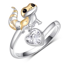 Lieditia Leopard Gecko Open Ring 925 Sterling Silver Adjustable Rings with Loving Heart Leopard Gecko Jewelry Gifts for Women