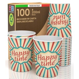 100 Paper Cups 200 ml Made in Italy Eco Friendly Biodegradable Sports Hot Drinks Colourful Happy Time Design - Made and Packed in Italy