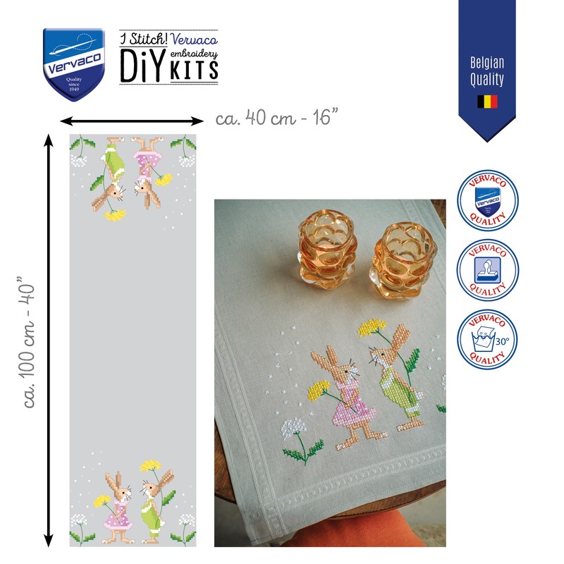 Vervaco Easter Bunny Table Runner Kit, Light grey, ca. 40