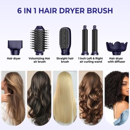 Hair Dryer Brush 6 in 1, Detachable Air Hair Styler Curling, Drying,Volumizing, Straightening, Negative Ionic Hair Dryer with Diffuser, Hair Styling Tools