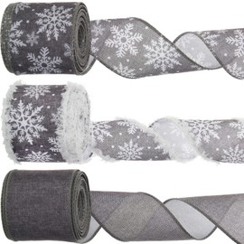 3 Rolls 30 Yards Christmas Ribbon Snowflake Wired Ribbon 2.5" Rustic Burlap Christmas Tree Ribbons Linen Xmas Tree Ribbon Fleece Edge Burlap Ribbon for Craft Party Gift Wrapping (Gray)