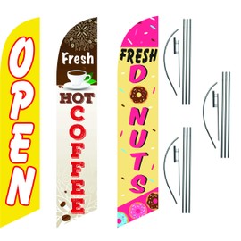 Cobb Promo Open Restaurant Swooper Flutter Feather Flags & Poles 3 Pack Fresh Hot Coffee & Donuts Feather Flag Eye Catching Banner Sign for Business and Marketing Complete Set of Three with 15 ft Pole Kits and Ground Spikes