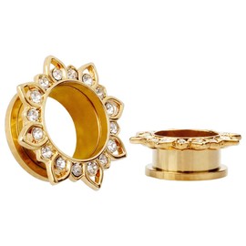 KUBOOZ Gold Plated Jewelry Flower Stainless Steel Crystal Gems Screws Back Ear Plugs Gauges Sold in Pairs, Stainless Steel