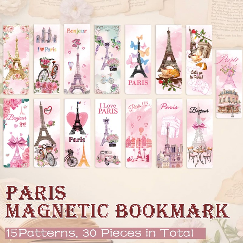 Zaamwoyy 30 Pcs Paris Magnetic Bookmarks Cute Pink Tower Flower
