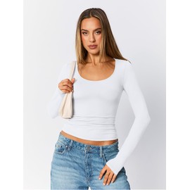 Trendy Queen Womens Scoop Neck Long Sleeve Shirts Skinny Going Out Crop Tops Cute Fall Fashion 2025 Clothes White XS