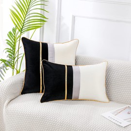 PANOD Patchwork Black Silk-Like Velvet Throw Pillow Cover with Gold Striped Leather Cushion Case Modern Luxury Square Pillowcase for Sofa Couch Bedroom Living Room Home,18x18 inch