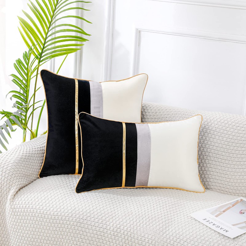 PANOD Patchwork Black Silk-Like Velvet Throw Pillow Cover with Gold