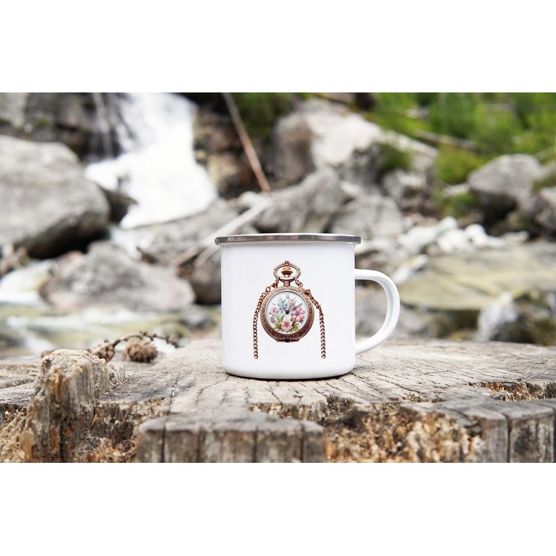 MAXIKIWI Langlebige Emaille-Kaffee- oder Tee-Camping-Tasse für drinnen und draußen, Vintage-Taschenuhr,