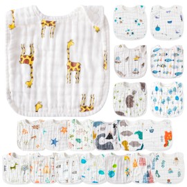 Zainpe Muslin Cotton Baby Bibs - 20Pcs Snap Baby Drooling Bib, Giraffe Penguin Star Pattern Soft Absorbent Adjustable Infants Burp Cloths for Newborns Boys Toddlers Feeding Teething Eating 0-36 Months