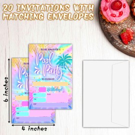 Pool Party Birthday Invitations For Girls Boys, Tie Dye Birthday Party Invitations, Birthday Party Fill In Invitation Cards, Summer Birthday Party Favor Supplies (20 Invites With 20 Envelopes) -A08