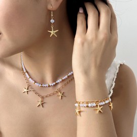 Hremhoo Beach Seashell Jewelry Set for Women Boho Ocean Summer Vacation Starfish Pearl Necklace Bracelet Earrings Mermaid Layered Bikini Accessories4