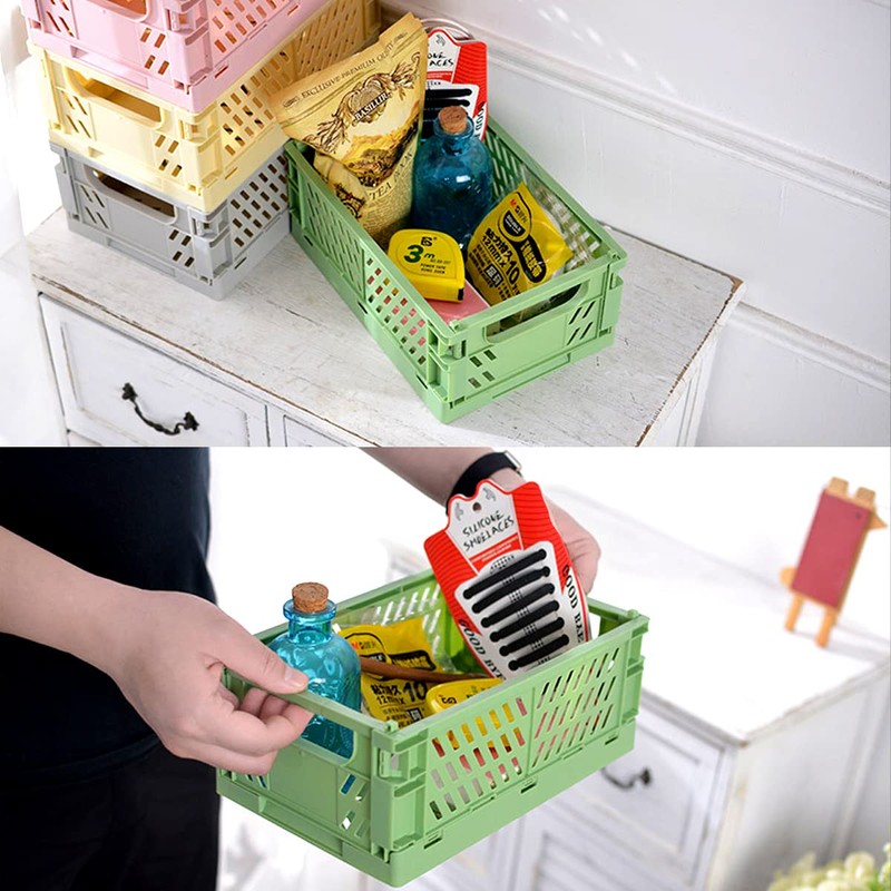 Xhwykzz 4 pack Folding Plastic Baskets, Pastel Milk Crates, Storage
