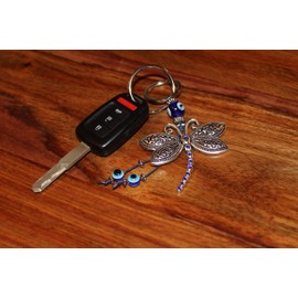 LUCKBOOSTIUM Dragonfly and Evil Eye Keychain Ring - Sign of Good Luck, Blessing and Prosperity - Home Keys, Purse & Bags Decorative Things & Accessories - Car Ornaments for Rear View Mirror