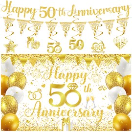 50th Wedding Anniversary Decorations Banner Swirls (White gold)