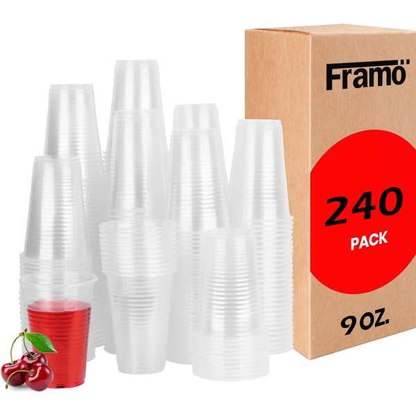 Framo 9 Oz Clear Plastic Cups, for Any Occasion, BPA-Free Disposable Transparent Ice Tea, Juice, Soda, and Coffee Glasses for Party, Picnic, BBQ, Travel, and Events, (240, Clear)