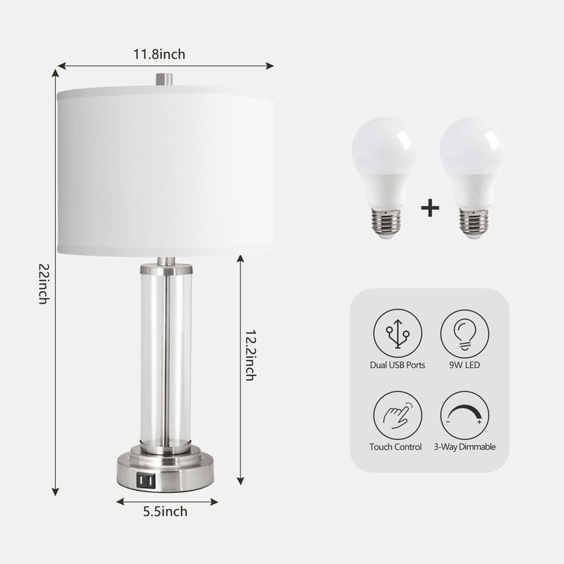 QiMH Touch Control Table Lamps Set of 2 with USB