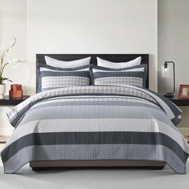 FineStichery King Quilt Bedding Set, 3 Piece 100% Cotton King Comforter Set, Farmhouse Gray and Off White Striped Bedspread, Lightweight Quilted Coverlet, All Season