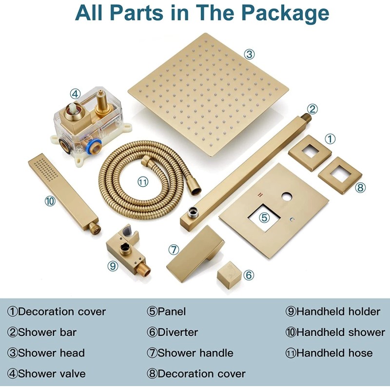 BWE Brushed Gold Shower Faucet System 12" Rain Combo Head