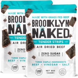 Brooklyn Naked Tender Strips - (8 oz, Pack of 2) – Chewy Air Dried Grass Fed Protein Snacks – Sugar Free Beef Jerky Alternative – Organic Beef Snacks – Whole 30 Approved Foods, AIP, Paleo, Keto, Carnivore Friendly & Gluten Free