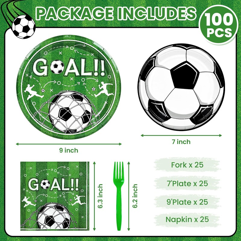 100 Pcs Soccer Paper Plates and Napkins Disposable for Party,
