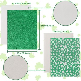 Whaline 14Pcs St. Patrick's Day Faux Leather Sheet Green White Plaid Shamrock Clover Pattern Synthetic Leather Glitter Fabric Crafts for St. Patrick's Day Earring Hair Bow Holiday Craft Gift DIY