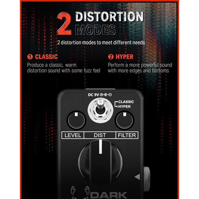Donner Dark Mouse Distortion Pedal for Pedalboard Electric Guitar, 2