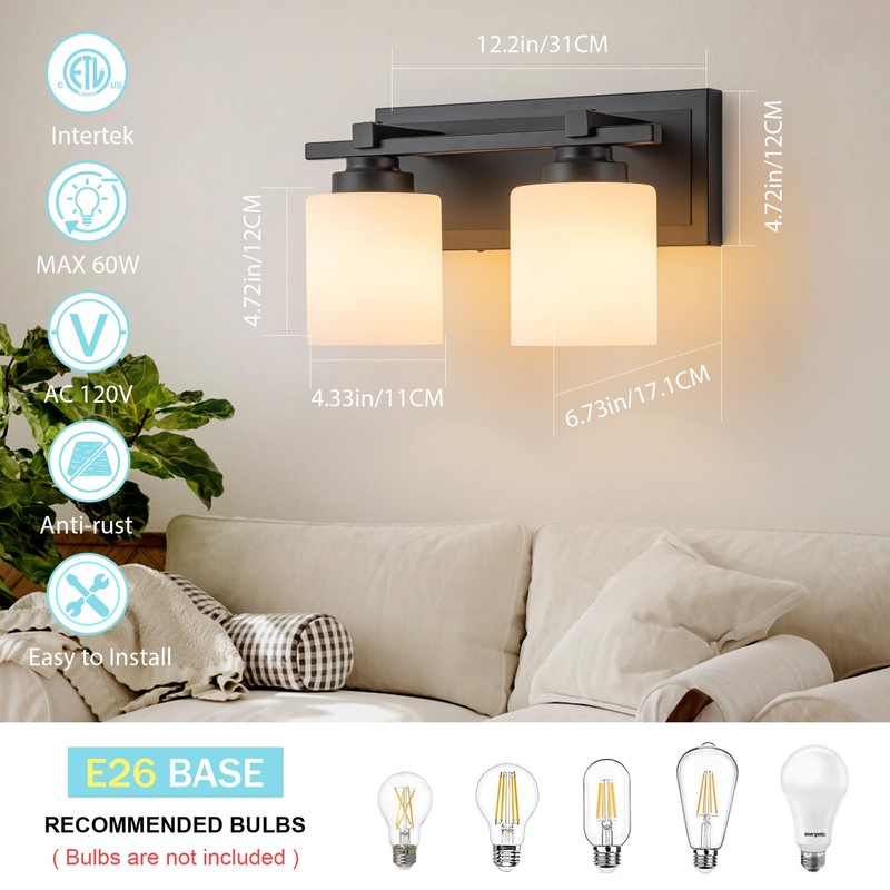BrkNit 2 Light Modern Bathroom Light Fixtures Over Mirror, Black