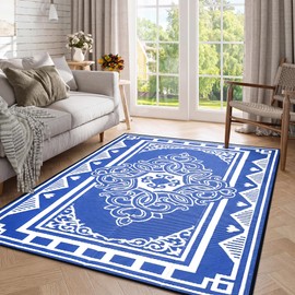 6'x9' Waterproof Blue Floral Reversible Outdoor Rug UV Fade Resistant